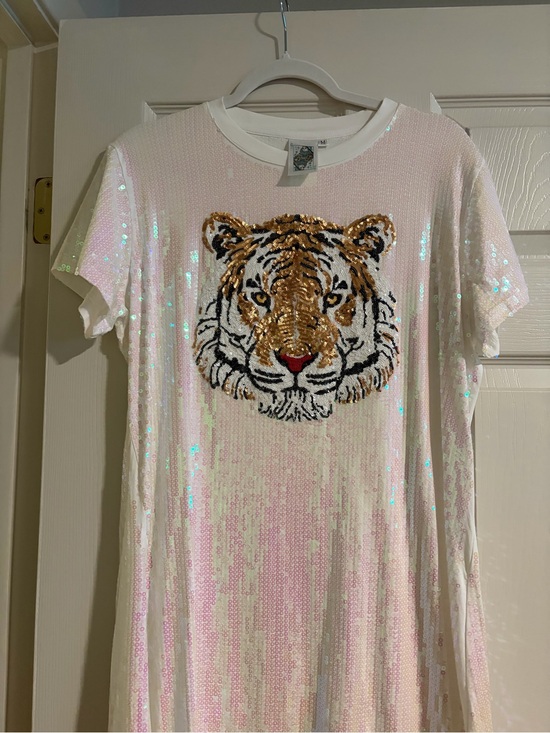 QUEEN OF SPARKLES Dresses & Skirts - QUEEN OF SPARKLES Iridescent Pink Sequin Mini Dress with Gold Tiger Motif
